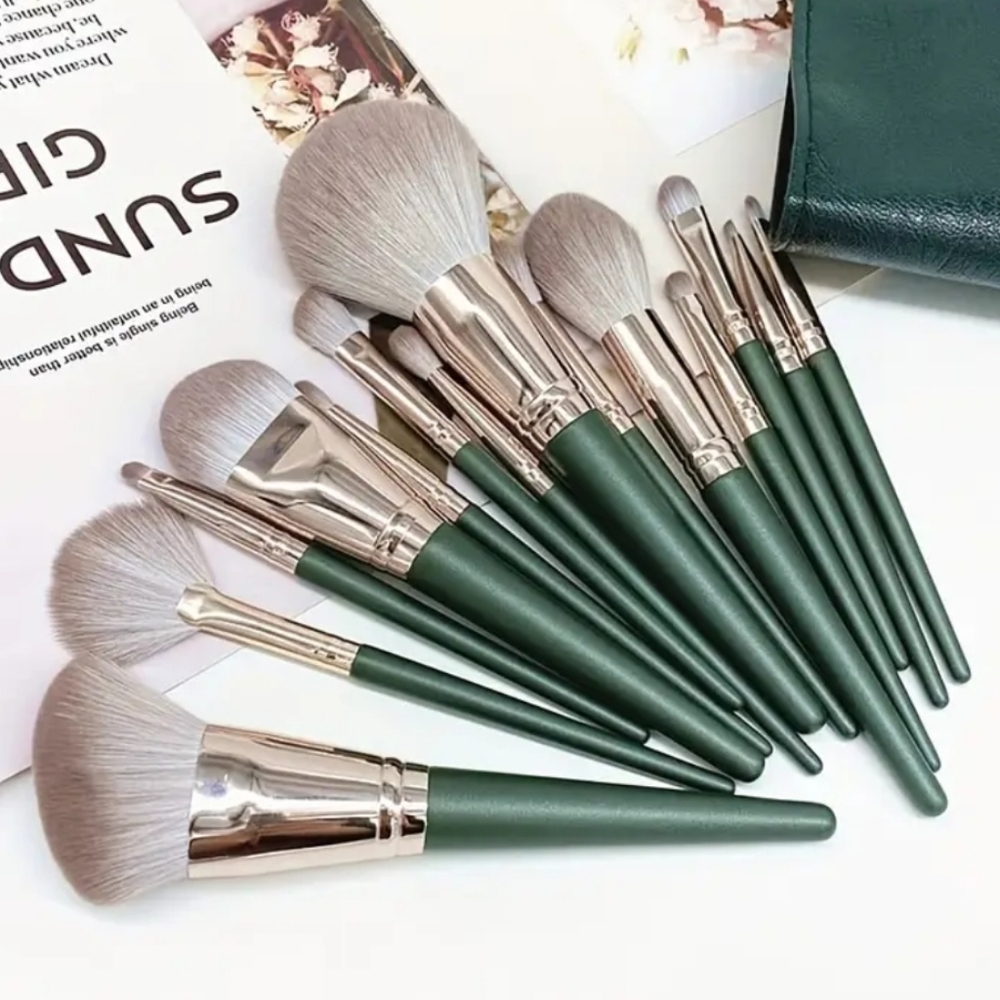 14-Piece Makeup Brush Set | Dark Green Soft & Fluffy Brushes | Beginner to Pro